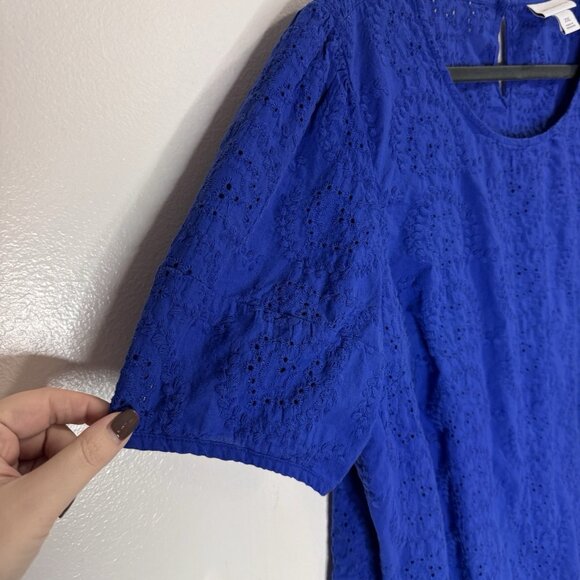 Liz Claiborne T-shirt Blouse XXL / 2XL Eyelet Lace Cotton Royal Blue Boho Lagen - Picture 4 of 9